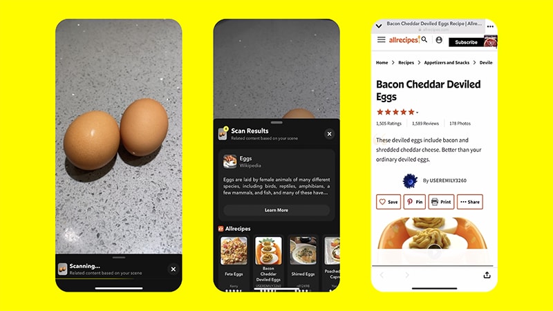 A preview of the new Food Scan solution offered by Snapchat and All Recipes. (Image provided by Snap Inc.)